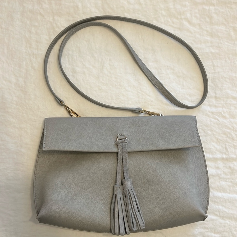 Anthropologie Crossbody Tassel Faux Leather Magnetic Clasp Grey Handbag Purse